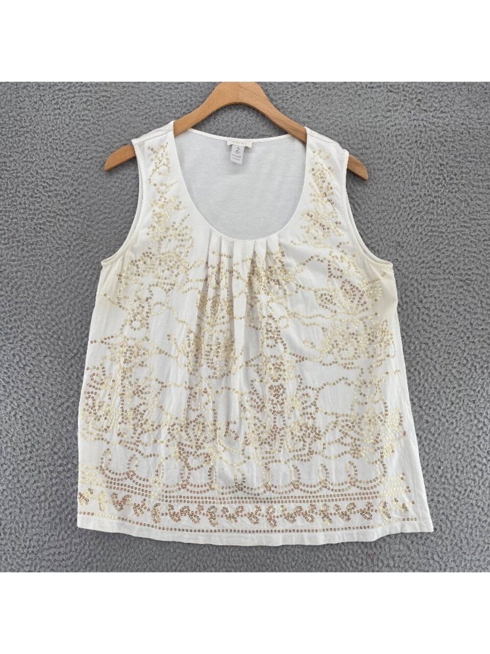 Chicos Top Womens 2 US Large White Gold Sequin Sleeveless Pleated Neck Stretch*